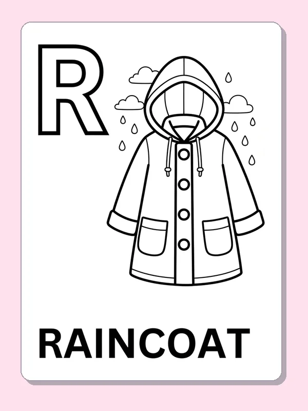 A hooded raincoat hangs beside R under raindrops, ready for a bright or patterned design