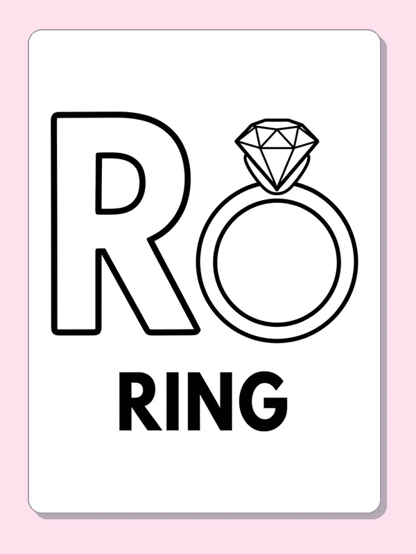A gemstone ring sits beside a large R, with a simple band and faceted stone to color