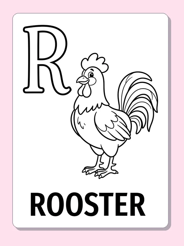 A rooster with a large curling tail stands beside R and the bold printed word ROOSTER