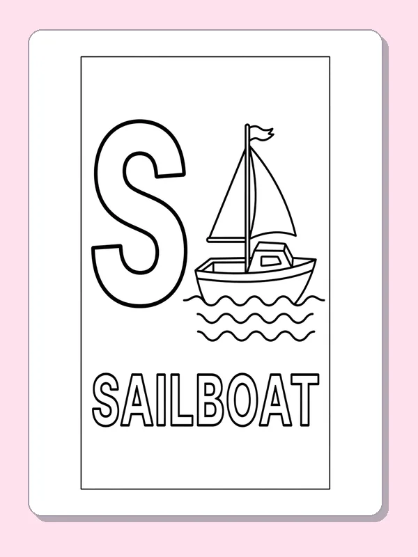 A small sailboat with flag floats on wavy water beside S inside a simple picture border