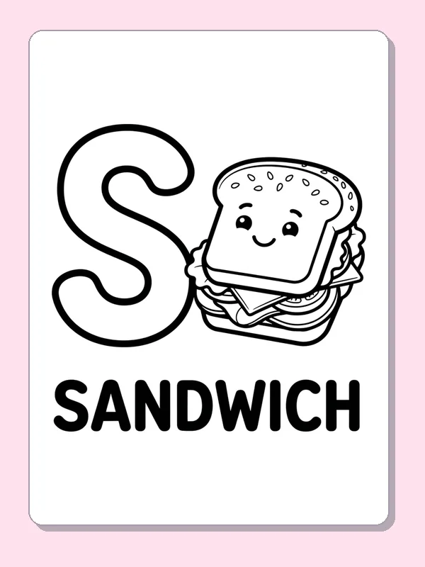 A cheerful sandwich shows layers of filling beside S and the printed word SANDWICH in bold letters