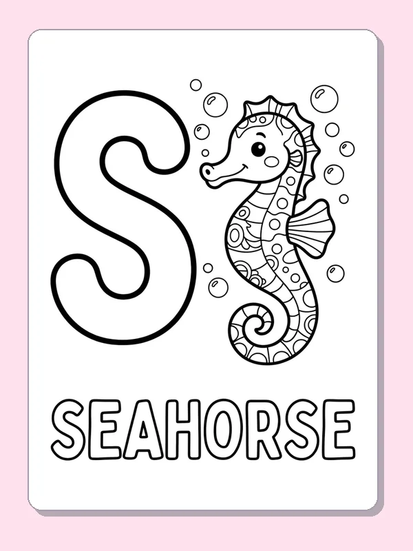 A smiling seahorse curls its tail beside S, surrounded by bubbles and tiny body markings
