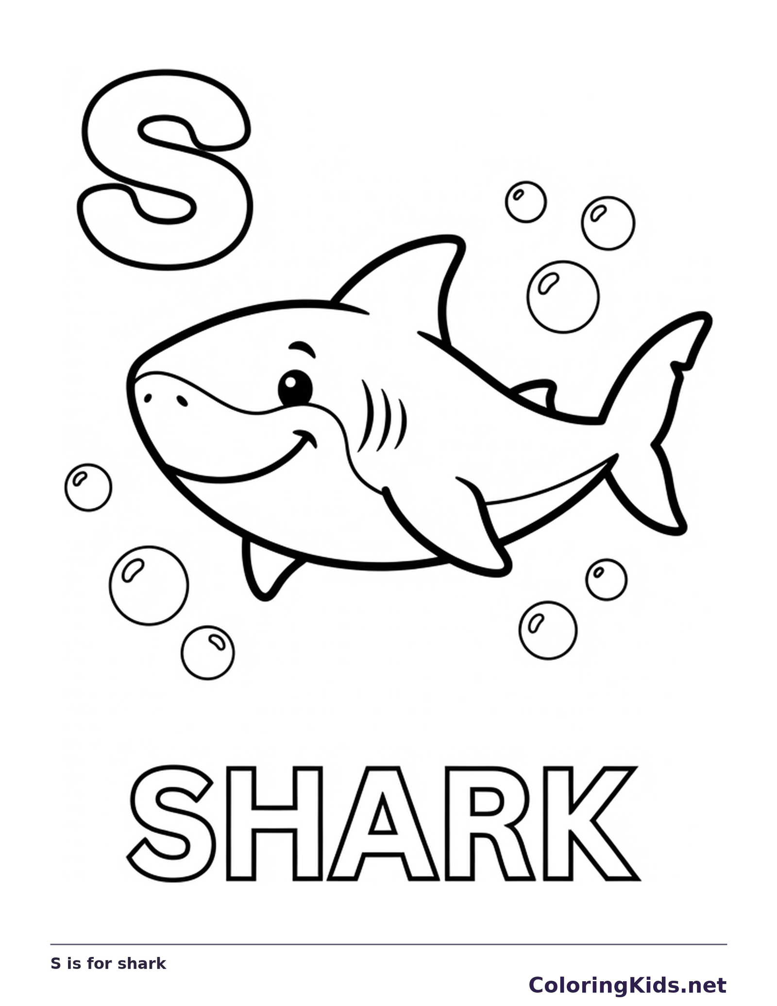 A grinning shark swims under bubbles beside S, with fin and tail shapes to pick out