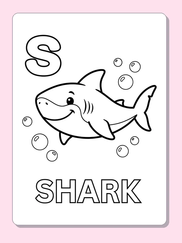 A grinning shark swims under bubbles beside S, with fin and tail shapes to pick out