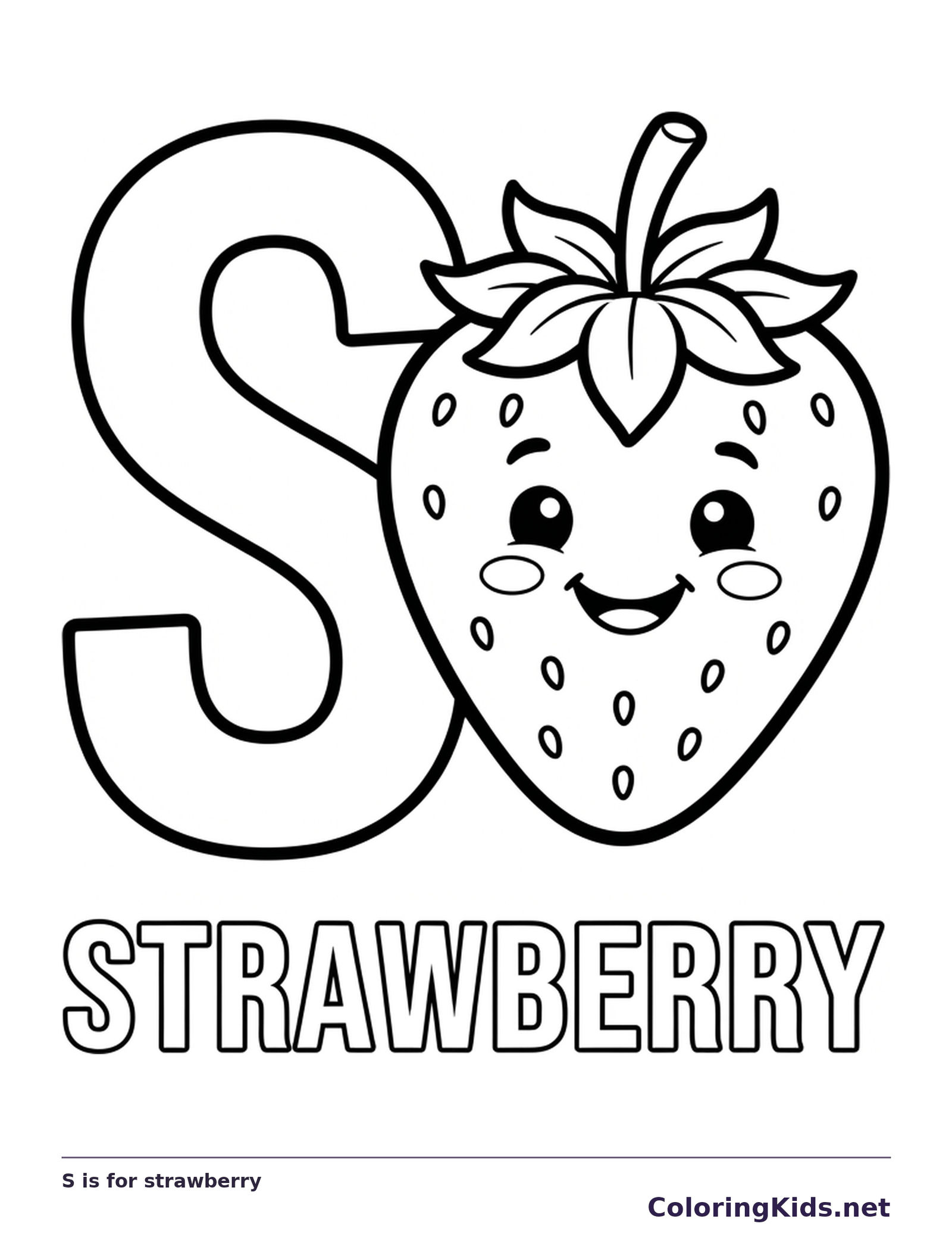 A smiling strawberry with leaves and little seeds sits beside S above the word STRAWBERRY