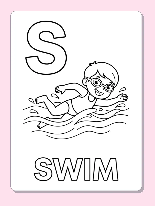 A child in goggles swims through wavy water beside S, with splashes and large outlined SWIM letters