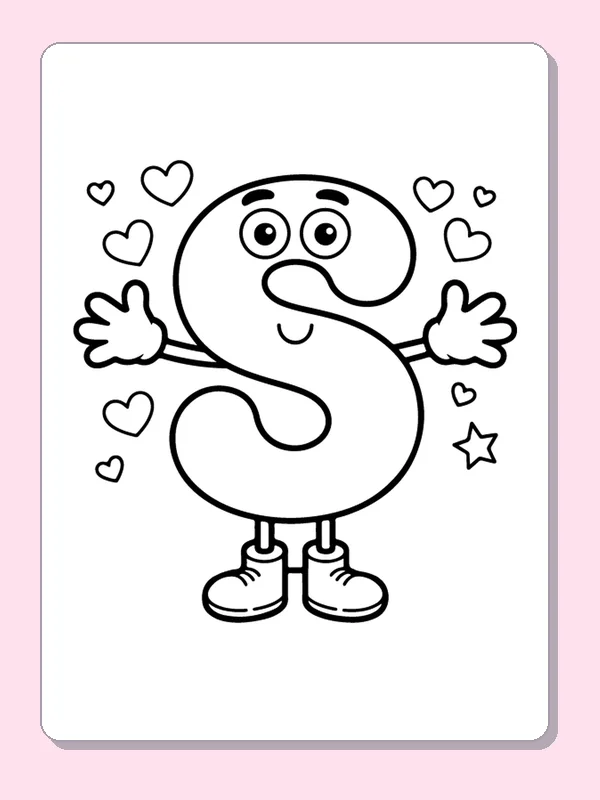 Smiling letter S with outstretched arms, hearts and stars