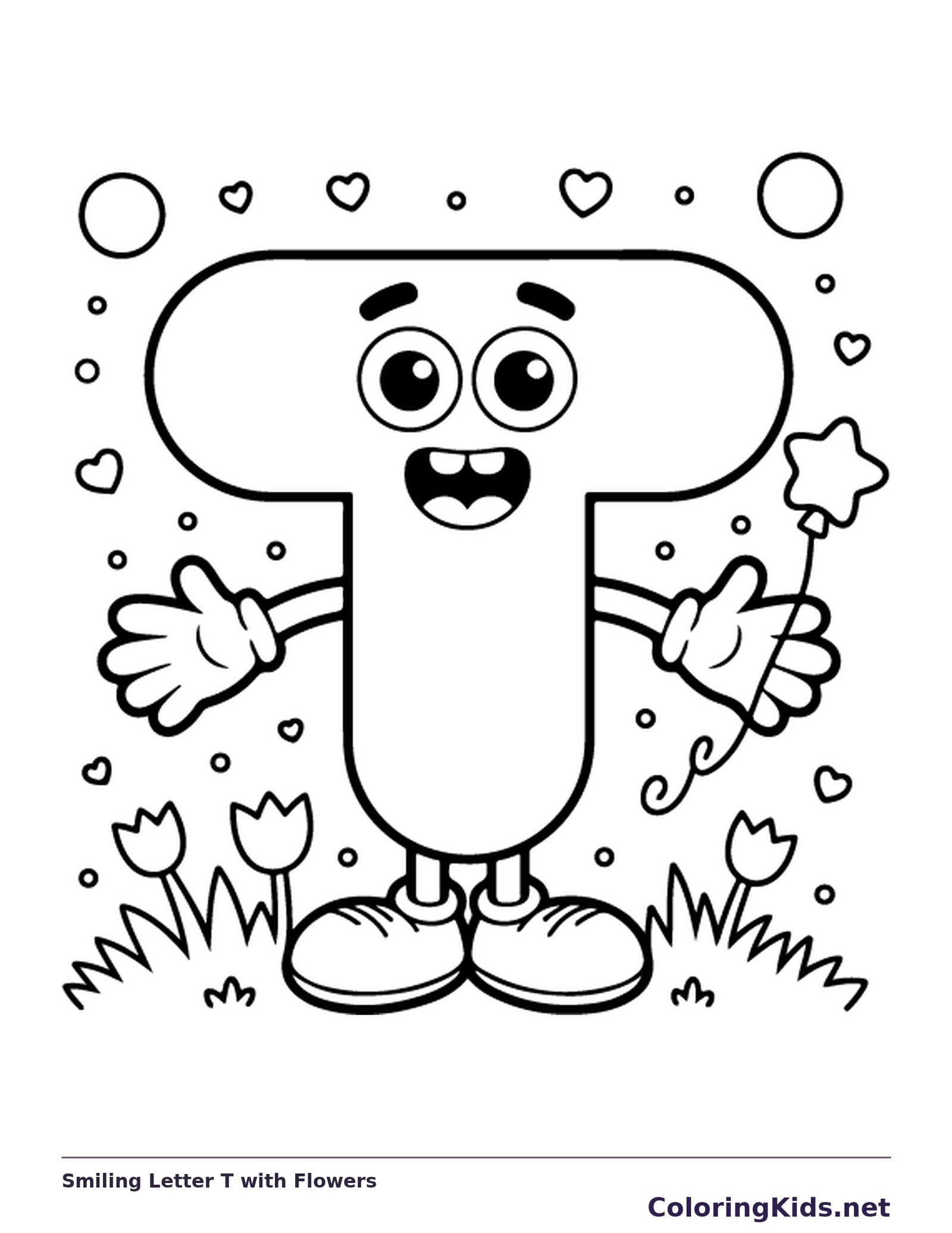 Smiling letter T beside hearts, flowers and grass