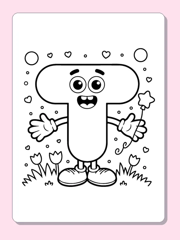 Smiling letter T beside hearts, flowers and grass