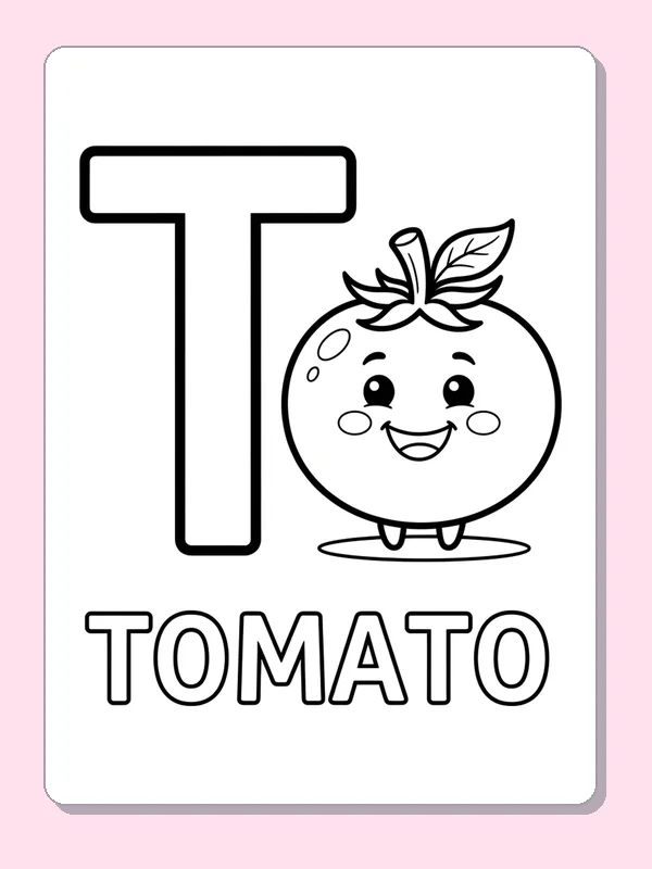 A smiling tomato with leaves and a small stem sits beside T above large outlined TOMATO letters