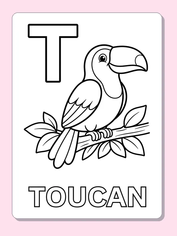 A toucan perches on a leafy branch beside T; its large beak is the main coloring space