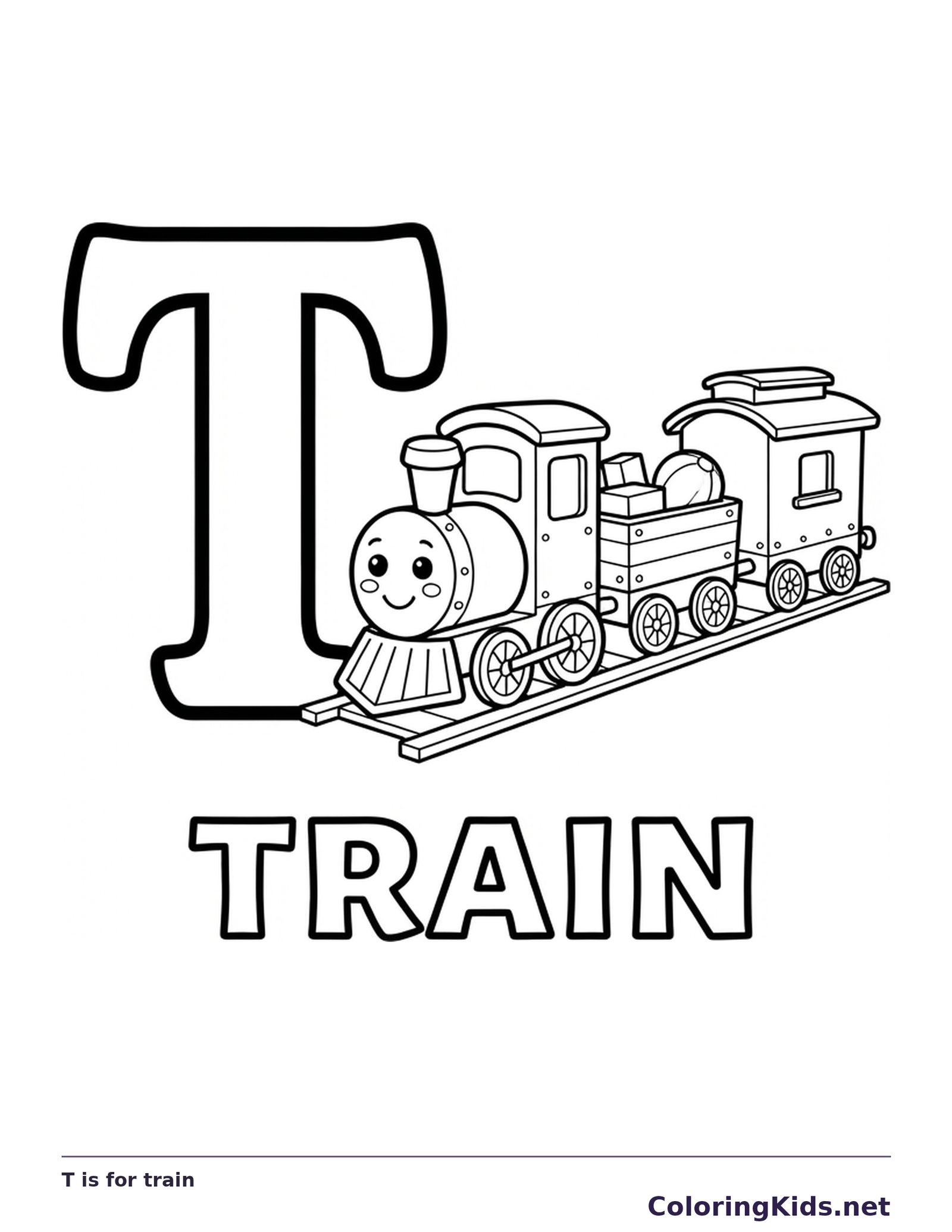 A smiling engine pulls two cars beside T; the wheels and windows offer little details to fill