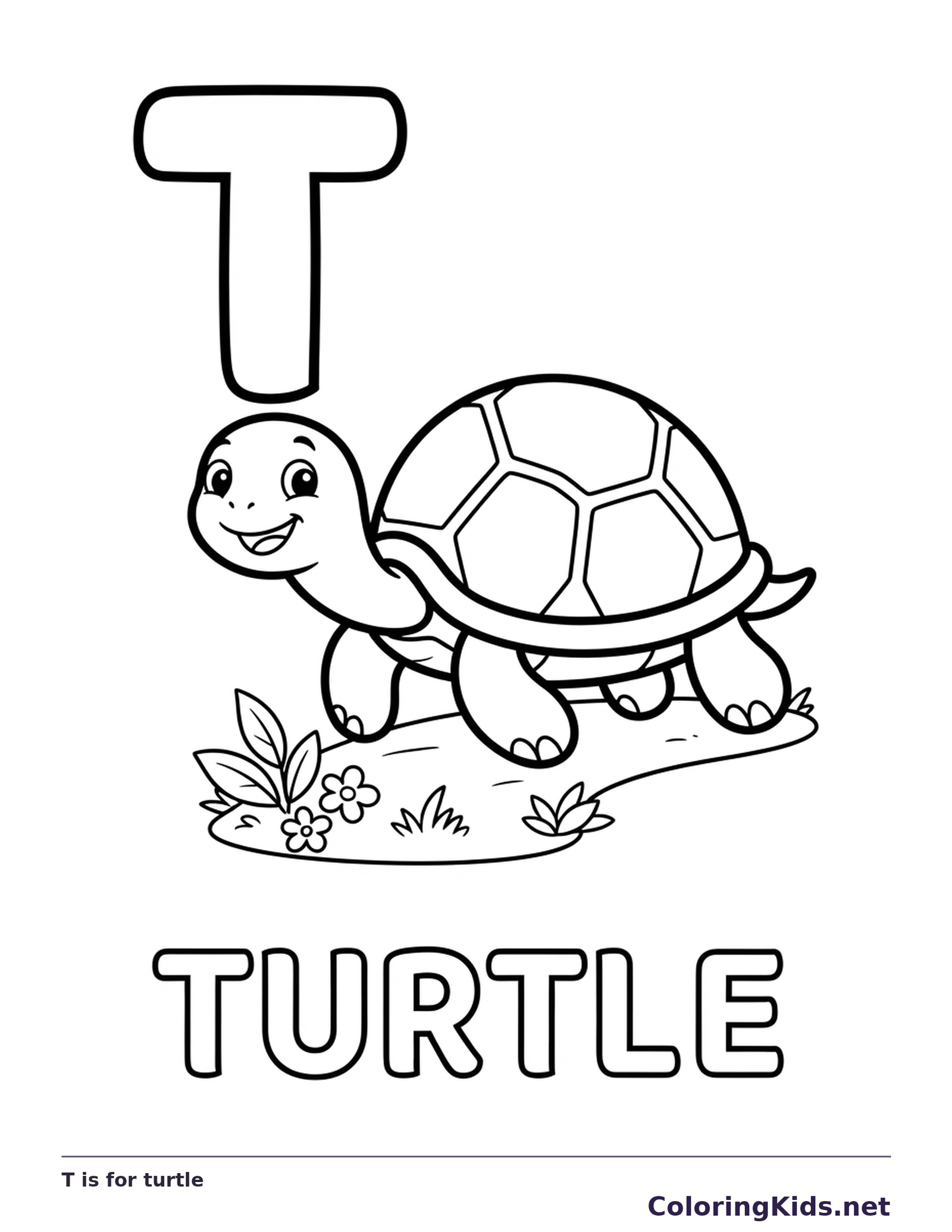 A small turtle walks beside a large T, with shell plates and a flower patch to color