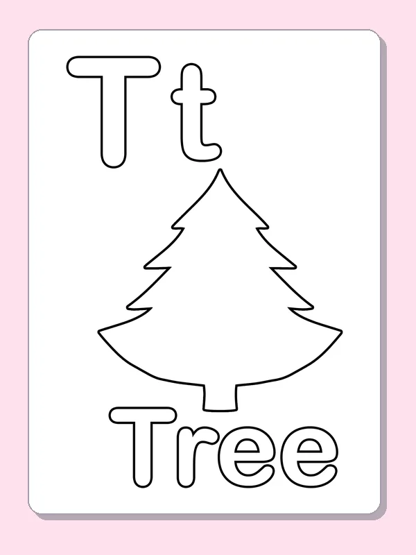A fir tree fills the center beneath uppercase and lowercase T, with the word Tree ready to color