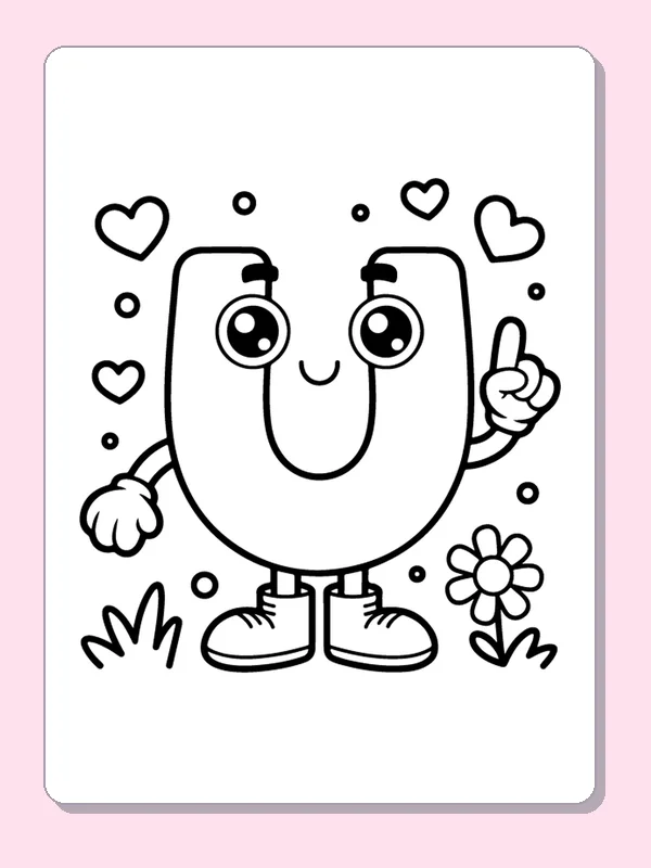 Cheerful letter U with pointing hand, hearts and flower