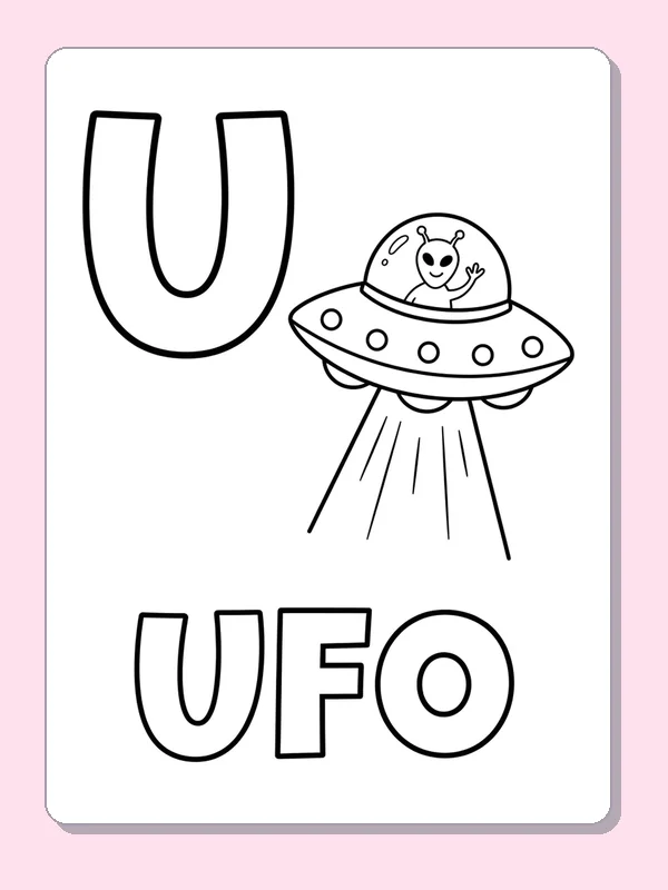 A cartoon UFO hovers beside a large U with broad beams below its rounded saucer shape