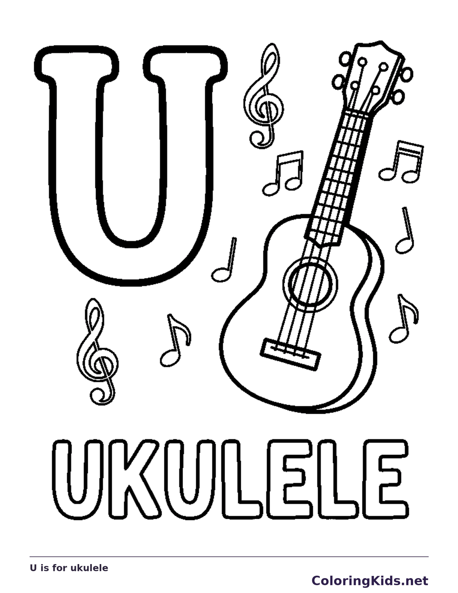 A ukulele with musical notes sits beside a large U, with outlined UKULELE letters beneath the instrument