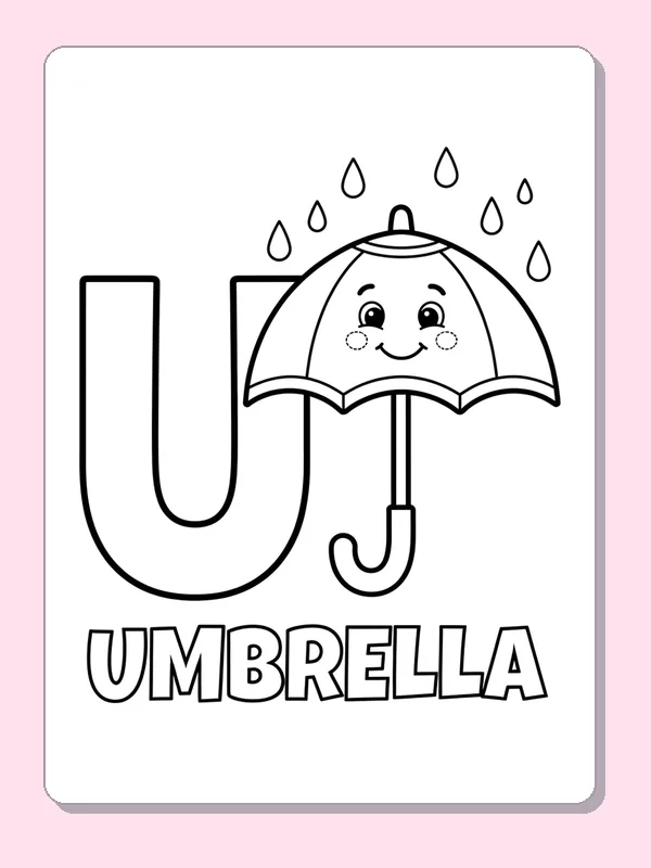 A smiling umbrella opens beside a large U under falling raindrops, with separate panels for a color pattern
