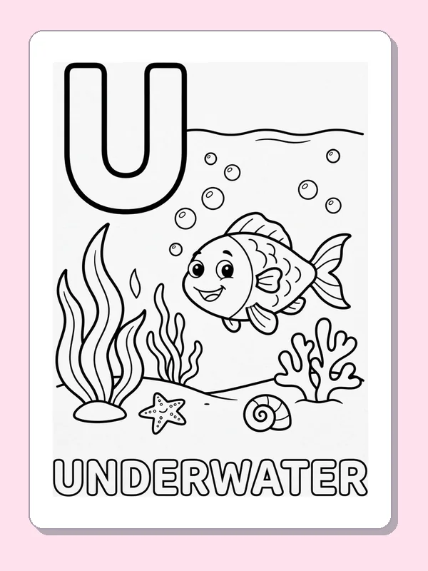 A fish swims beside U above sea plants, bubbles, a starfish and the outlined word UNDERWATER