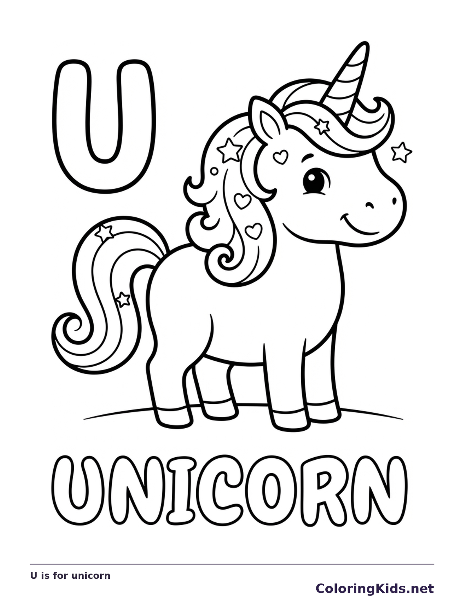 A small unicorn with a curled mane and striped horn stands beside U above outlined UNICORN letters