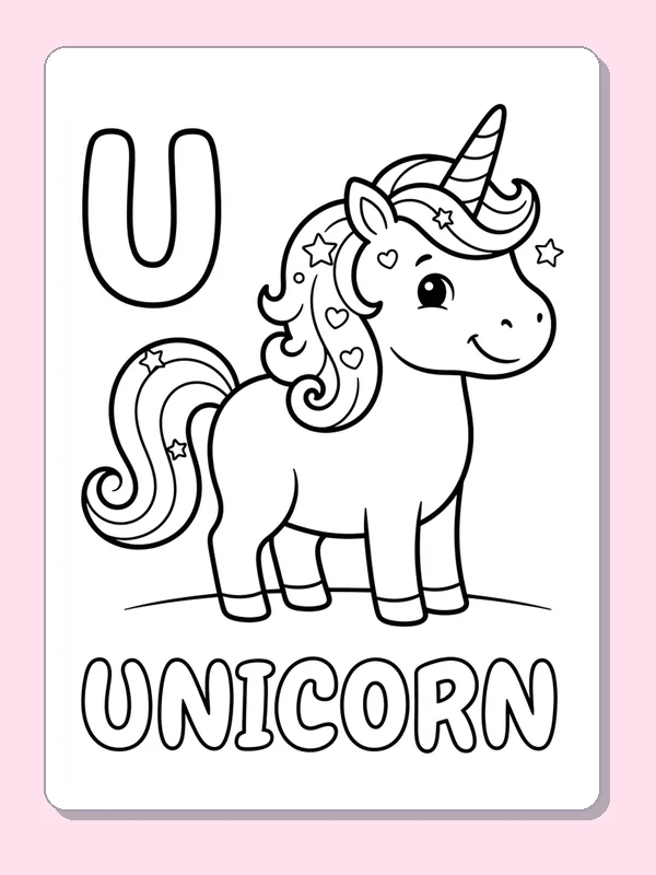 A small unicorn with a curled mane and striped horn stands beside U above outlined UNICORN letters