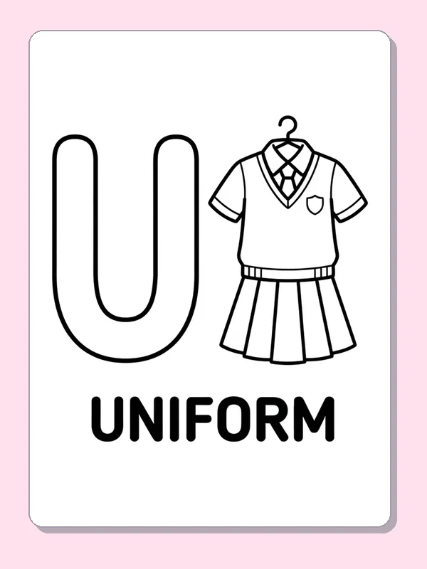 A shirt and skirt school uniform hang beside U above the bold printed word UNIFORM