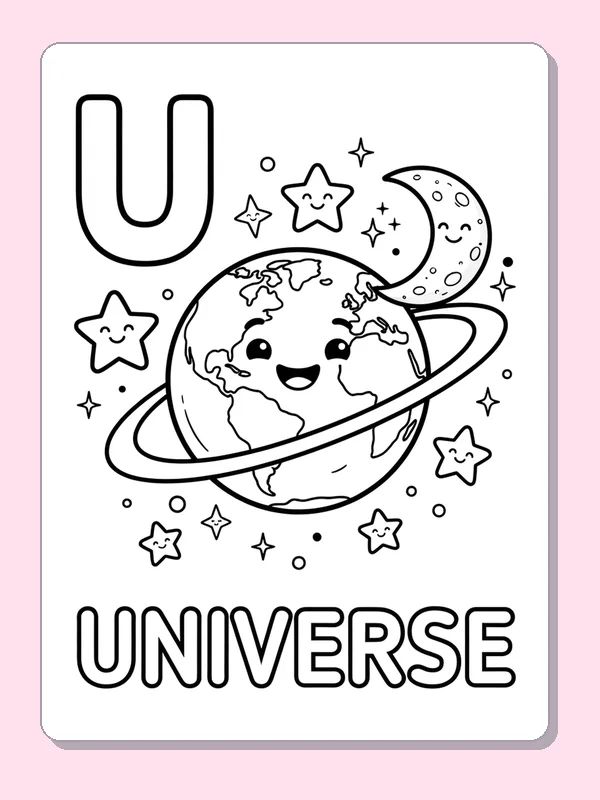 A smiling ringed planet, stars and crescent moon surround U in a make-believe universe scene