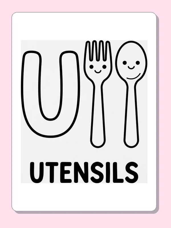 A smiling fork and spoon stand beside U, giving the child simple long shapes to fill
