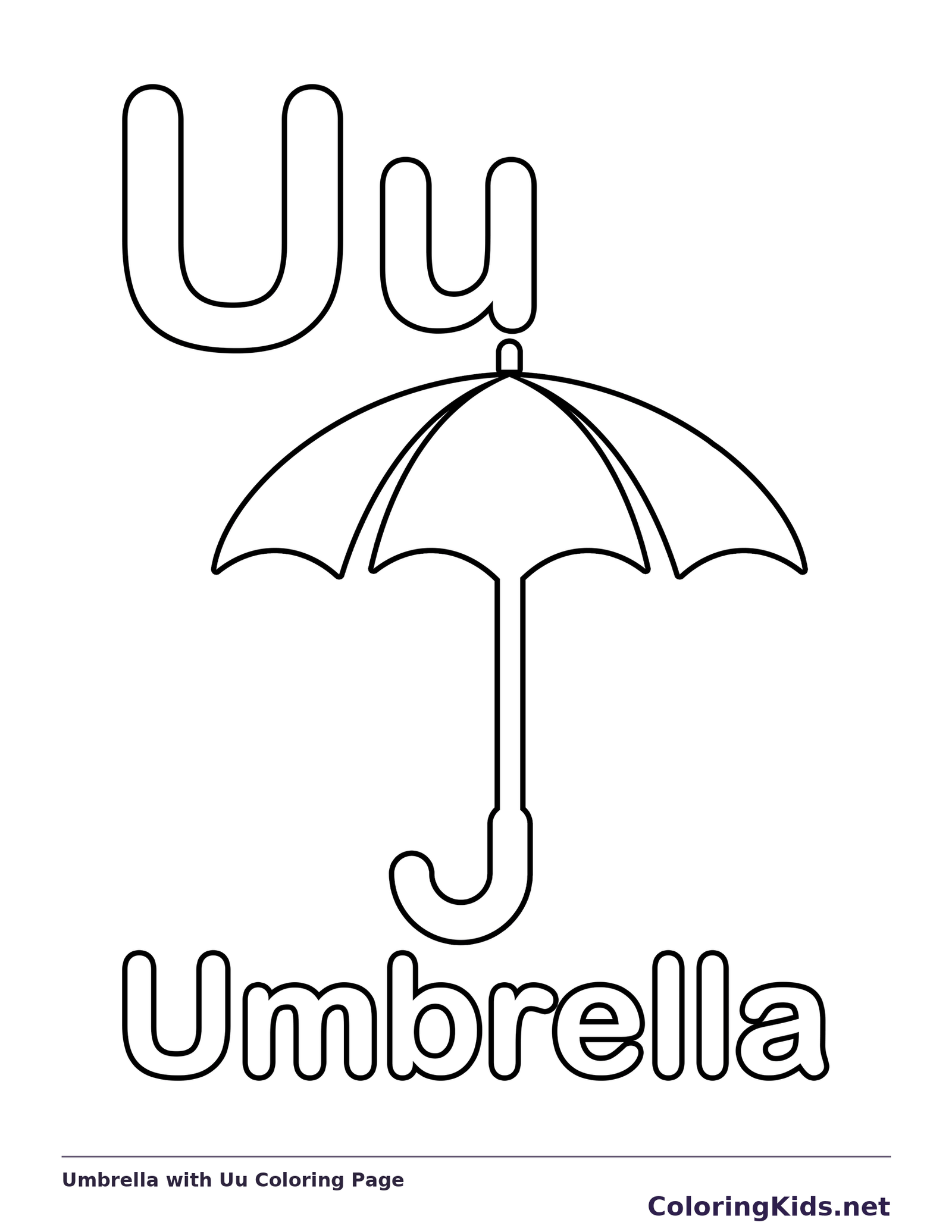 An open umbrella with a curved handle sits beneath uppercase and lowercase U, above the outlined word Umbrella
