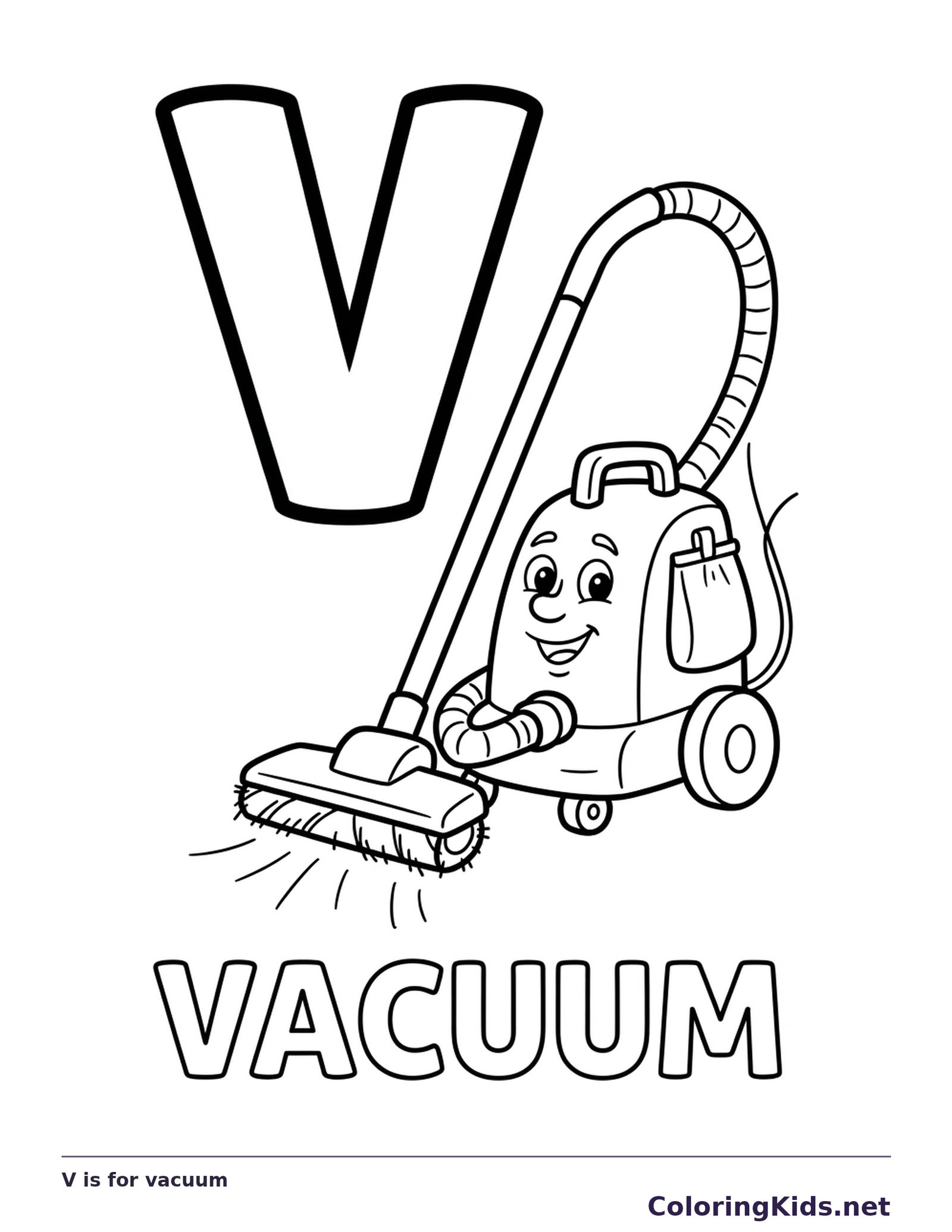 A cartoon vacuum cleaner rolls beside V, with hose and floor brush ready for color