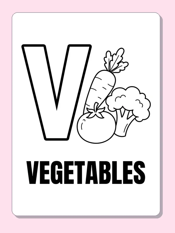 A carrot, broccoli and tomato sit beside V above the word VEGETABLES, inviting three different colors