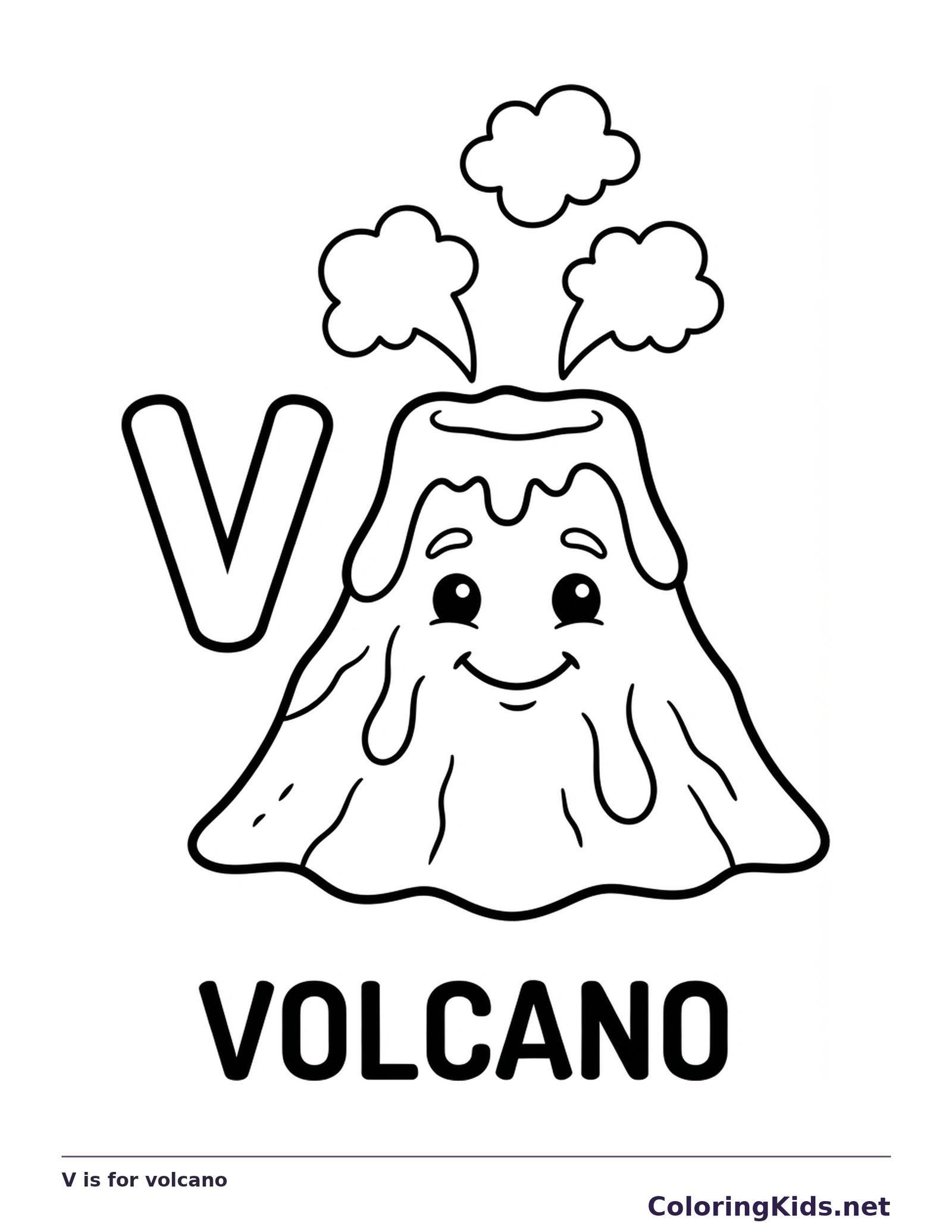 A smiling volcano sends puffs of smoke above V, leaving broad slopes for warm or imagined colors