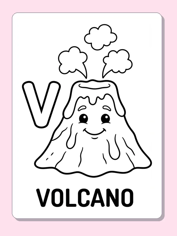 A smiling volcano sends puffs of smoke above V, leaving broad slopes for warm or imagined colors