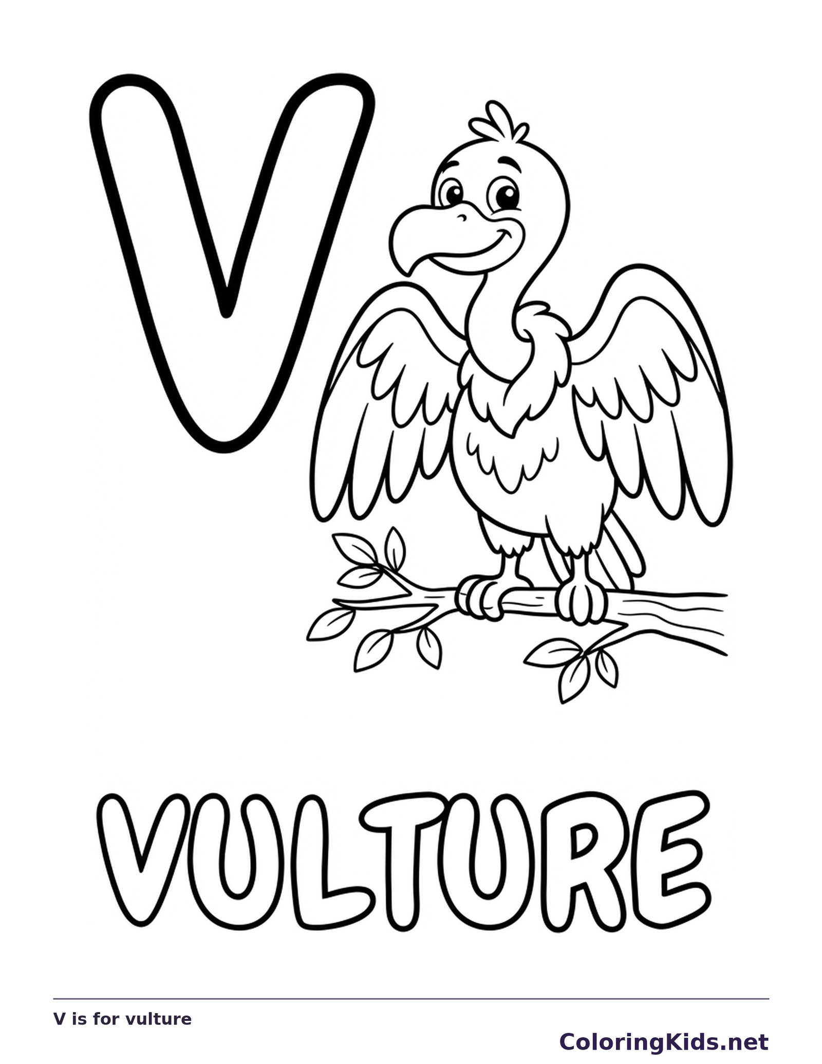 A perched vulture spreads its broad wings beside V, showing small feather sections to color individually