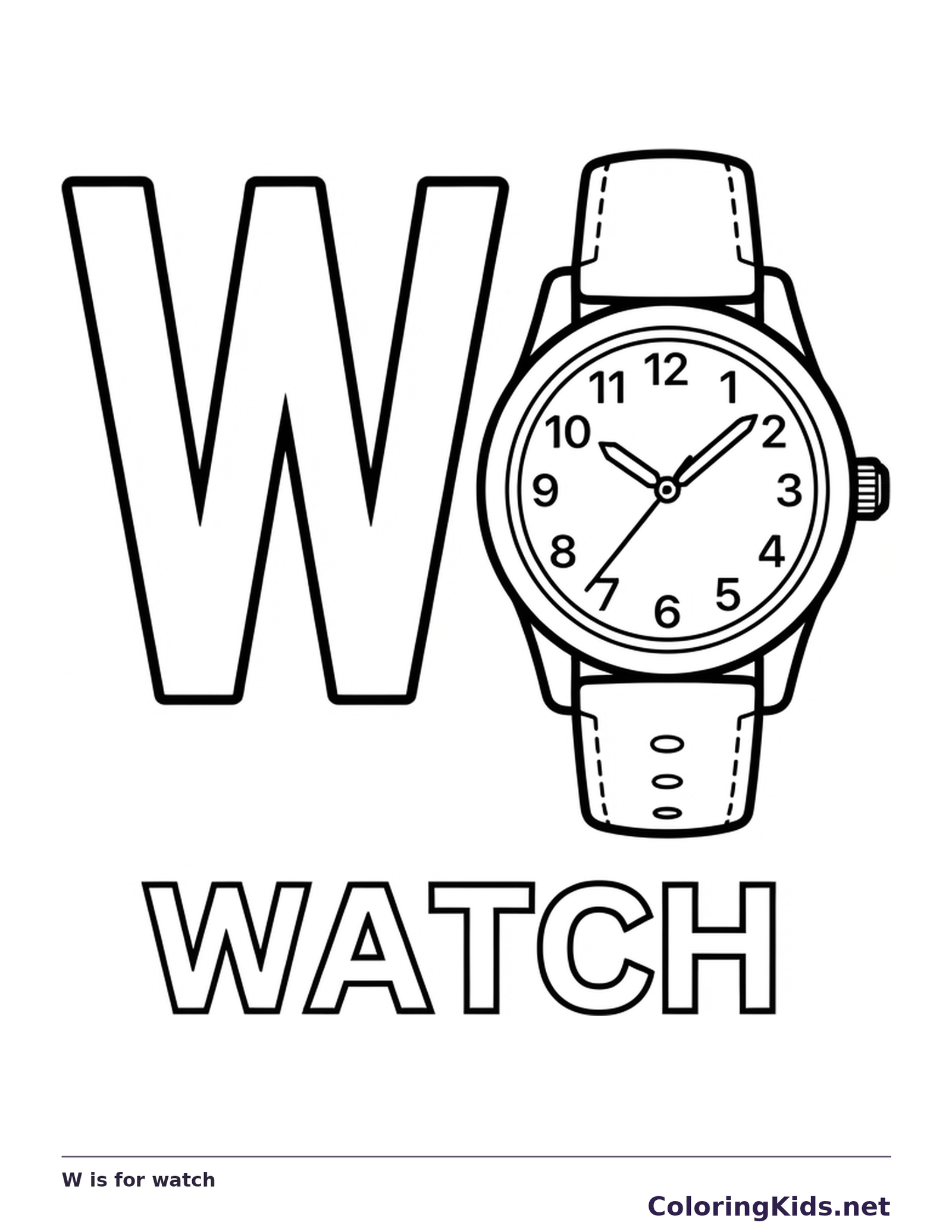 W is for watch coloring page: black and white line art to print or color online