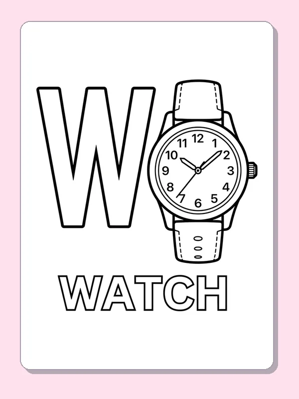 W is for watch coloring page: black and white line art to print or color online