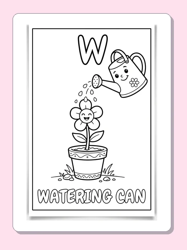 W is for watering can coloring page: black and white line art to print or color online