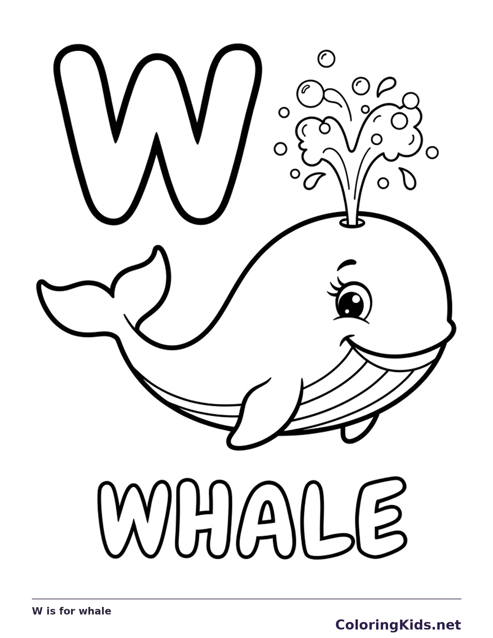 W is for whale coloring page: black and white line art to print or color online