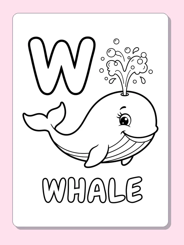 W is for whale coloring page: black and white line art to print or color online