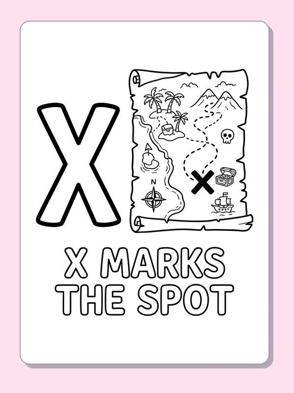X is for x marks the spot coloring page: black and white line art to print or color online