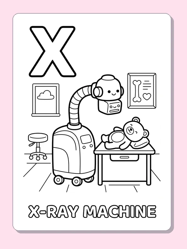 X is for x ray machine coloring page: black and white line art to print or color online