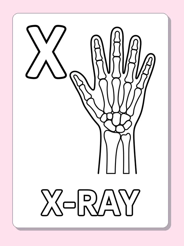 X is for x ray coloring page: black and white line art to print or color online