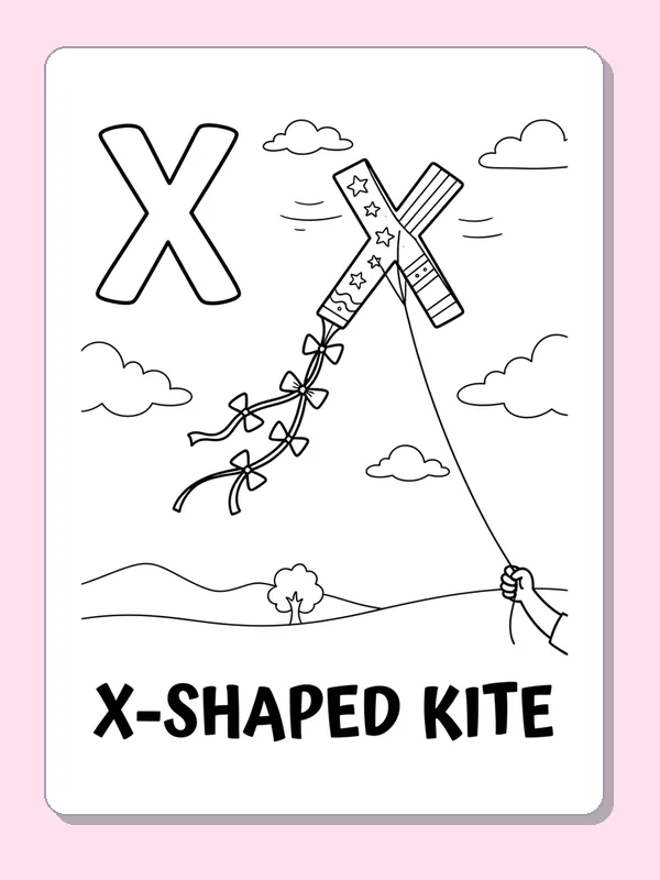 X is for x shaped kite coloring page: black and white line art to print or color online