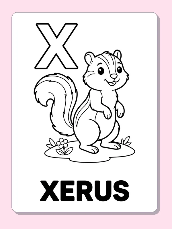 X is for xerus coloring page: black and white line art to print or color online