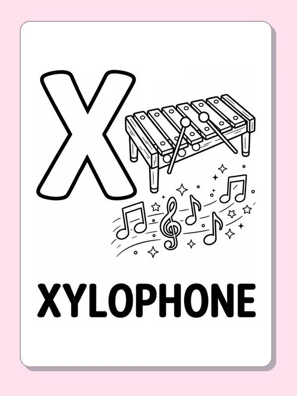 X is for xylophone music coloring page: black and white line art to print or color online