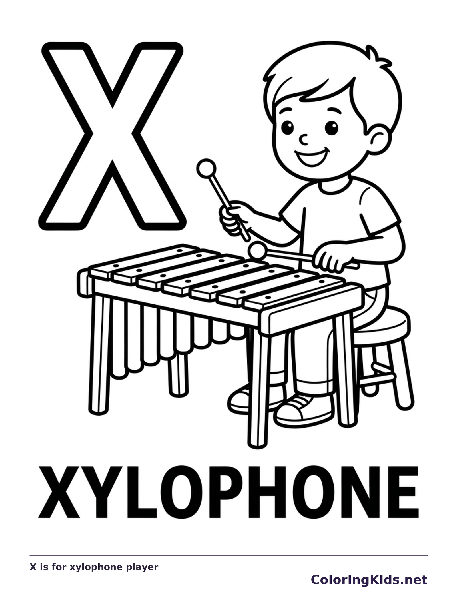 X is for xylophone player coloring page: black and white line art to print or color online
