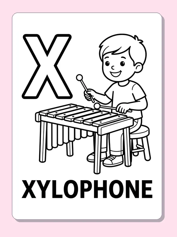 X is for xylophone player coloring page: black and white line art to print or color online