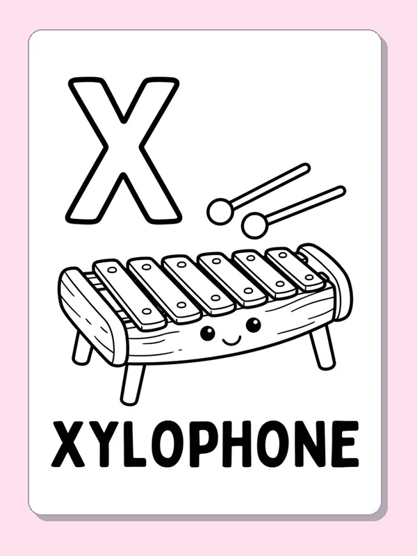 X is for xylophone coloring page: black and white line art to print or color online