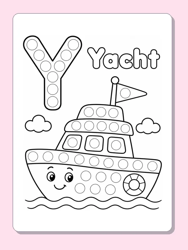Dotted letter Y beside a smiling yacht, printable alphabet coloring page