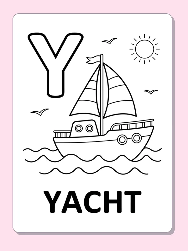 Y is for yacht coloring page, printable black and white picture
